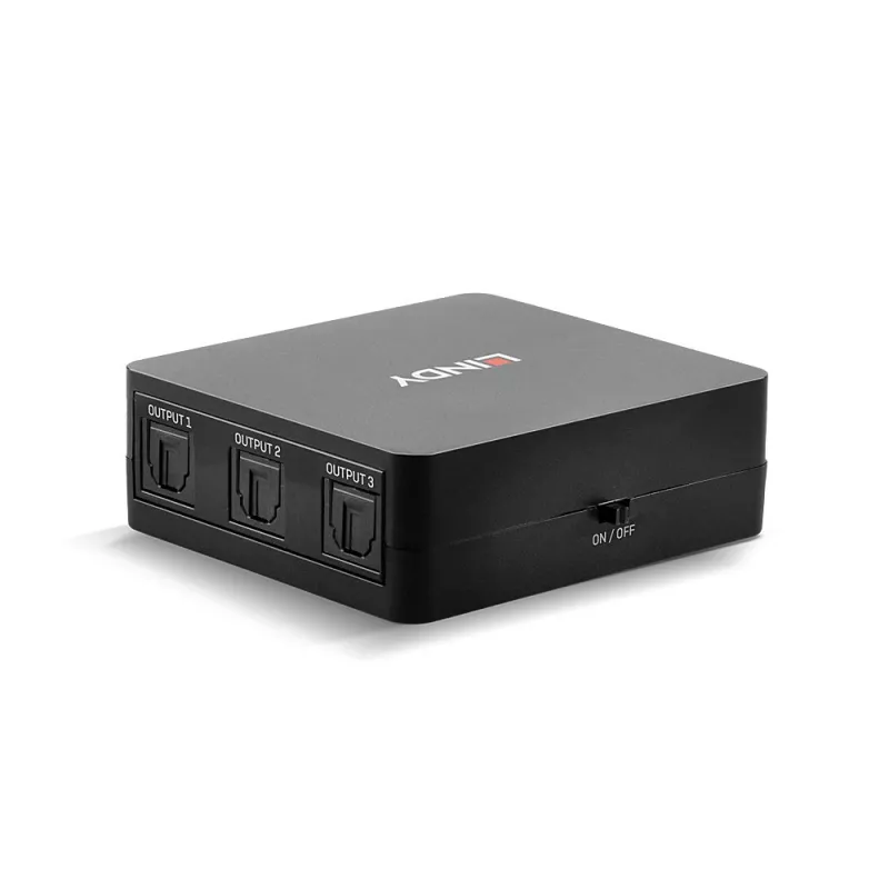 “Lindy” 3 prievadų optinis (TosLink) garso skirstytuvas, juodas, 1x TosLink, 3x TosLink, kištukas, kištukas, CE, FCC, REACH