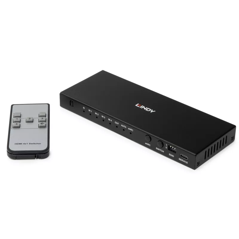 Lindy 4 prievadų HDMI 8K60 jungiklis su eARC HDMI USB A USB C