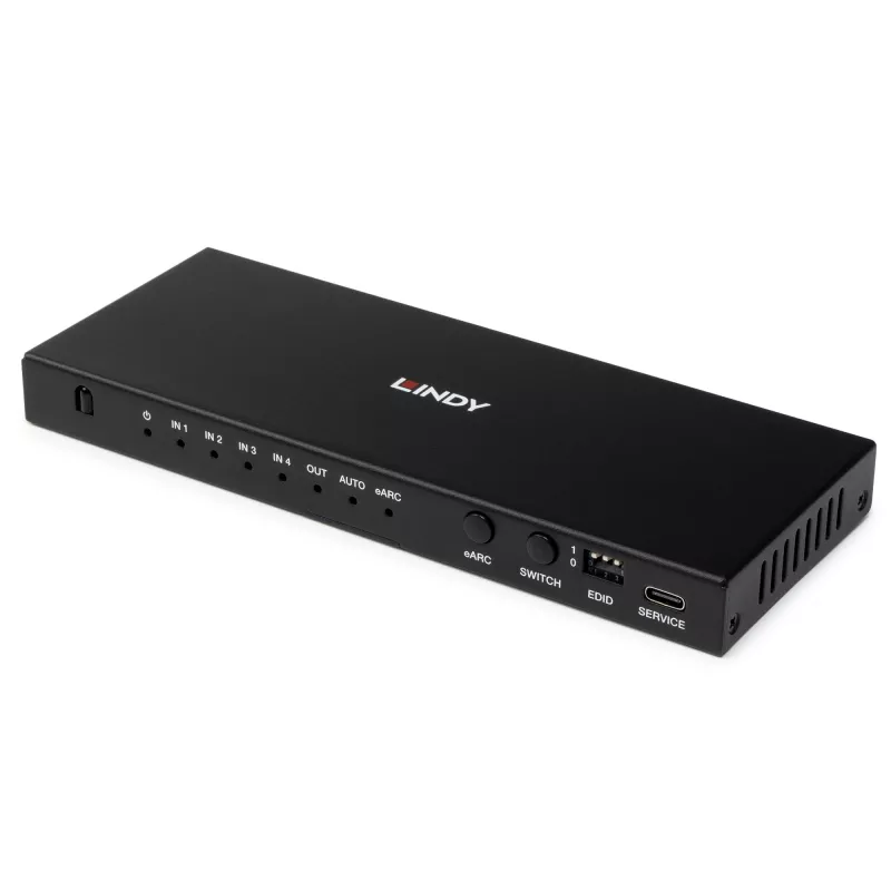 Lindy 4 prievadų HDMI 8K60 jungiklis su eARC HDMI USB A USB C