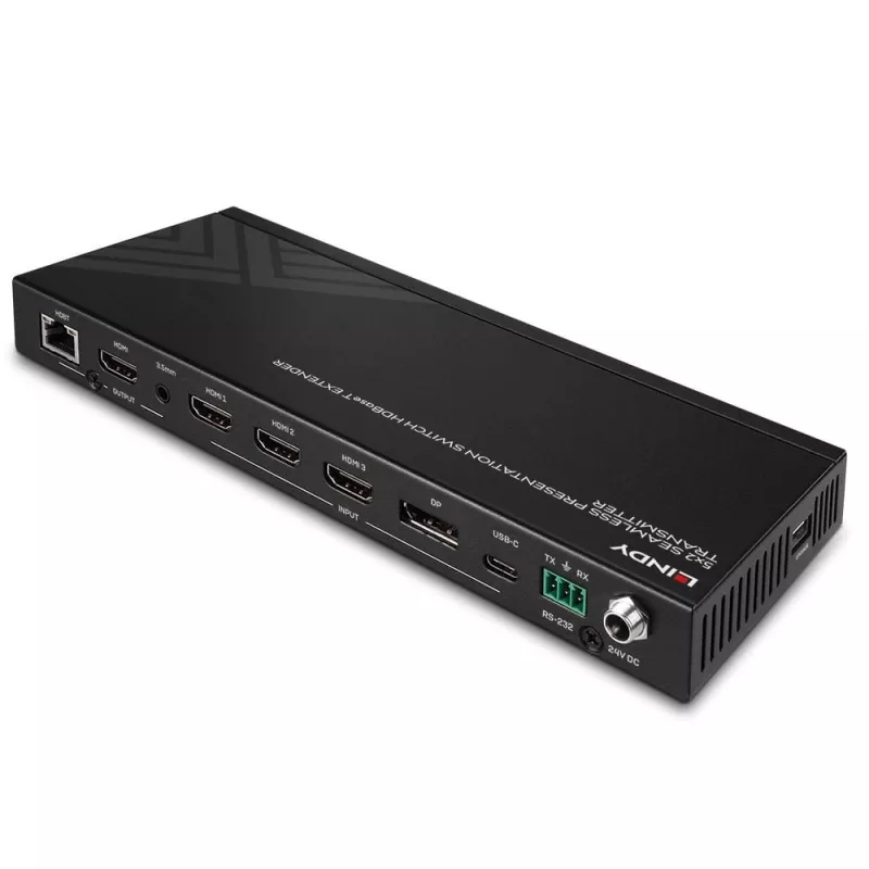 AV siųstuvas Lindy 5 prievadų vientisas prezentacijos perjungiklis su HDBaseT ilgintuvu 3840 x 2160 pikselių