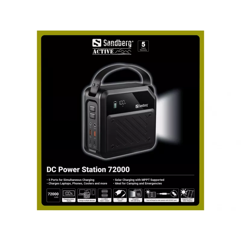 Nešiojamoji nuolatinės srovės maitinimo stotelė SANDBERG Sandberg DC Power Station 72000 — LMFP 72 000 mAh, DC ir USB‑C įvestis, juoda