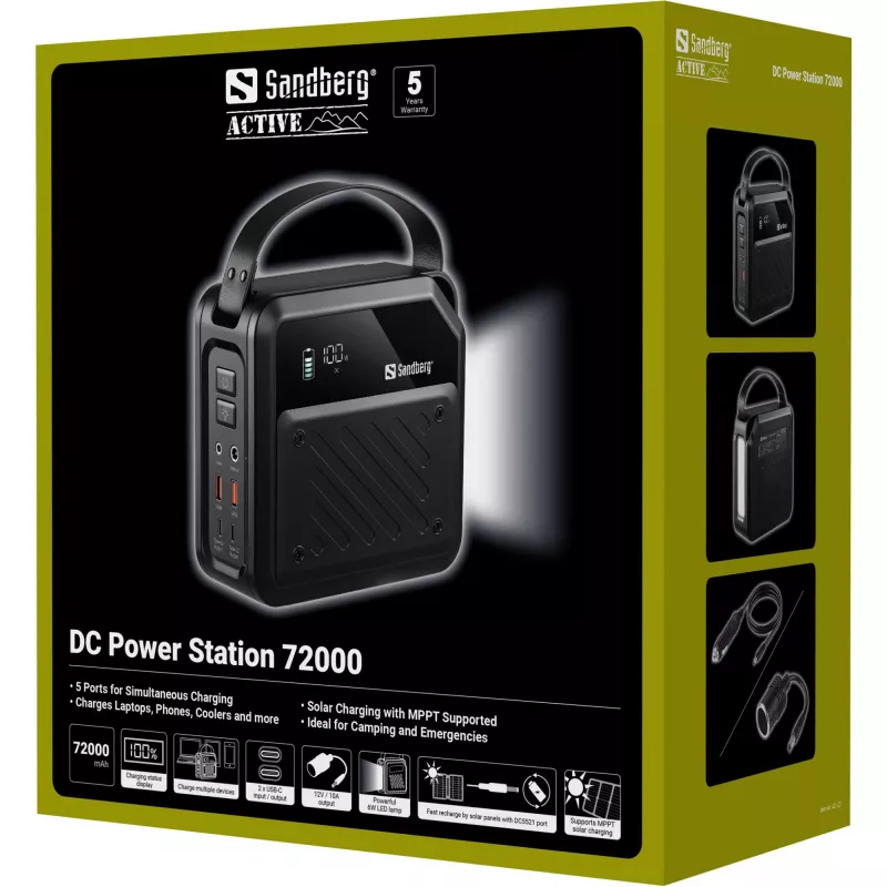 Nešiojamoji nuolatinės srovės maitinimo stotelė SANDBERG Sandberg DC Power Station 72000 — LMFP 72 000 mAh, DC ir USB‑C įvestis, juoda
