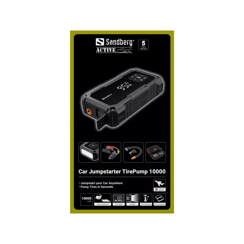Nešiojamasis akumuliatoriaus paleidiklis ir padangų siurblys SANDBERG Sandberg Car Jumpstarter TirePump 10000 — 800 A paleidimo srovė, 2 A išėjimas, 5 V USB
