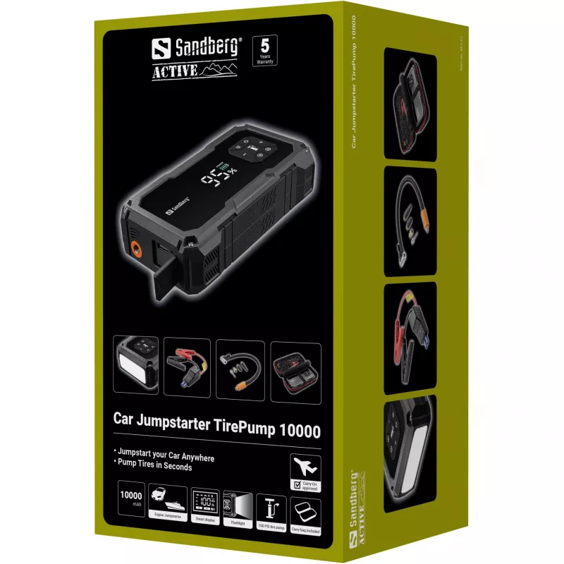 Nešiojamasis akumuliatoriaus paleidiklis ir padangų siurblys SANDBERG Sandberg Car Jumpstarter TirePump 10000 — 800 A paleidimo srovė, 2 A išėjimas, 5 V USB