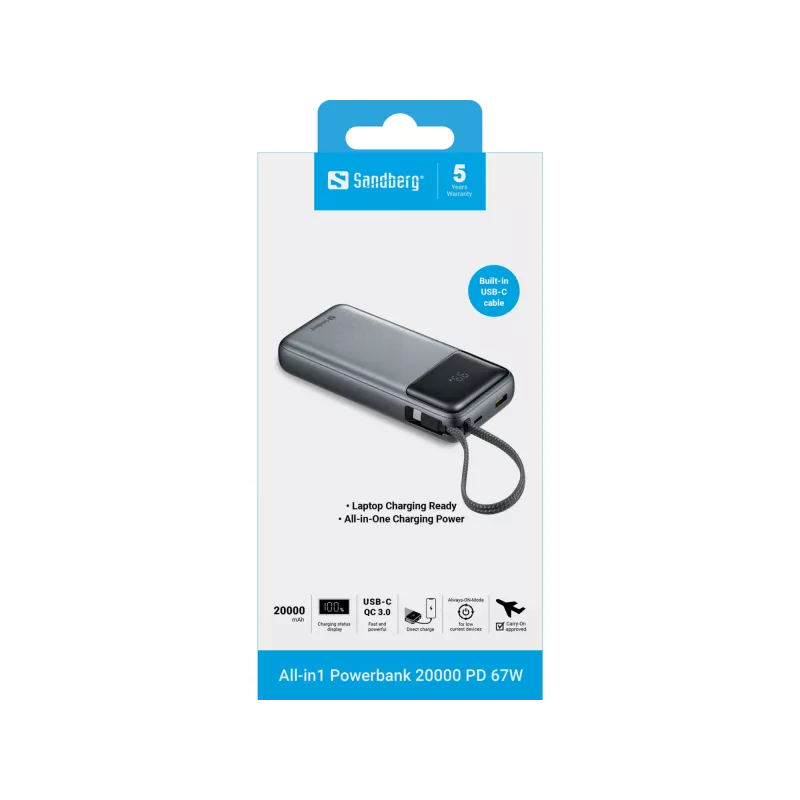 Išorinė baterija SANDBERG All-in1 Powerbank 20000 PD 67W — 20000 mAh LiPo, 1×USB-A, 1×USB-C, 15W išvestis, juoda/pilka