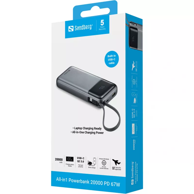 Išorinė baterija SANDBERG All-in1 Powerbank 20000 PD 67W — 20000 mAh LiPo, 1×USB-A, 1×USB-C, 15W išvestis, juoda/pilka