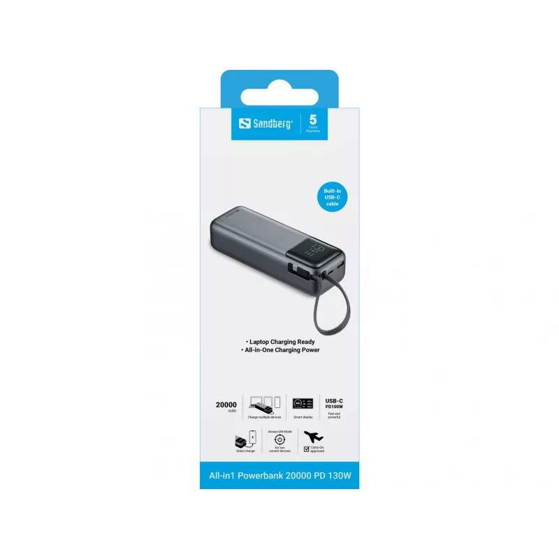 Nešiojama išorinė baterija SANDBERG All-in1 Powerbank 20000 PD 130W — 20000 mAh, LiPo, USB-A 1x, USB-C 1x, 130 W, juoda/pilka