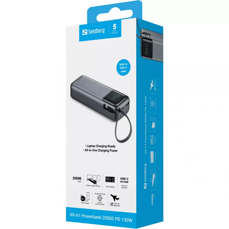 Nešiojama išorinė baterija SANDBERG All-in1 Powerbank 20000 PD 130W — 20000 mAh, LiPo, USB-A 1x, USB-C 1x, 130 W, juoda/pilka