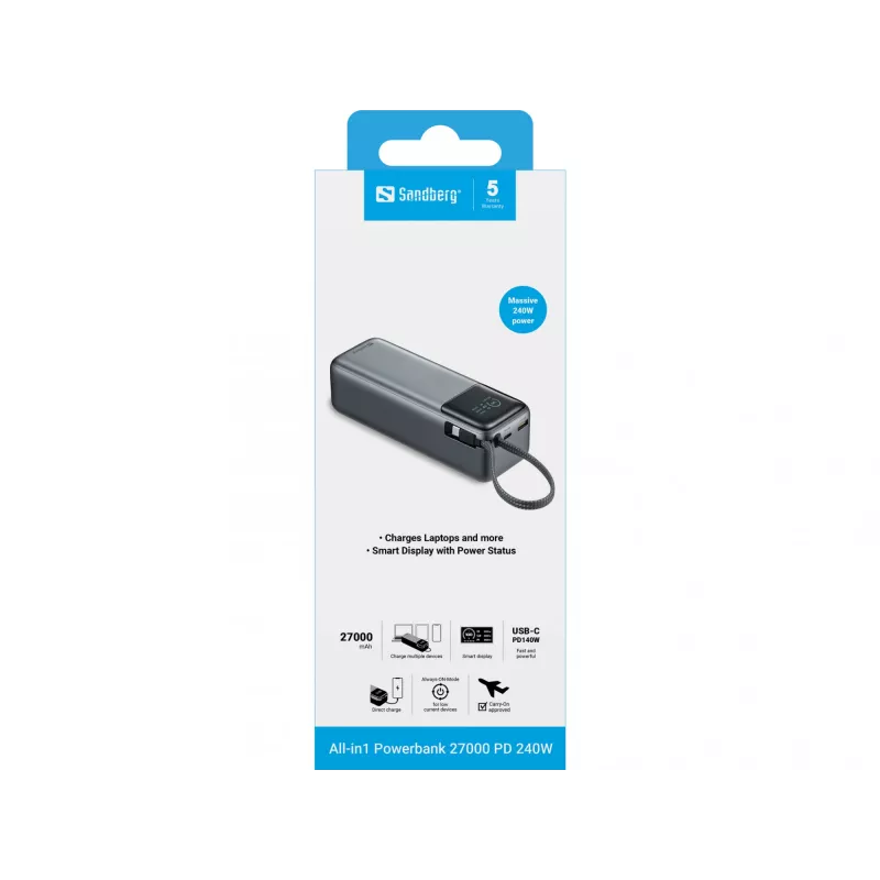 Išorinė baterija SANDBERG All-in1 Powerbank 27000 PD 240W — 27000 mAh LiPo, 240W išvestis, 1× USB-A, 1× USB-C, 3,6 V — Juoda/Pilka