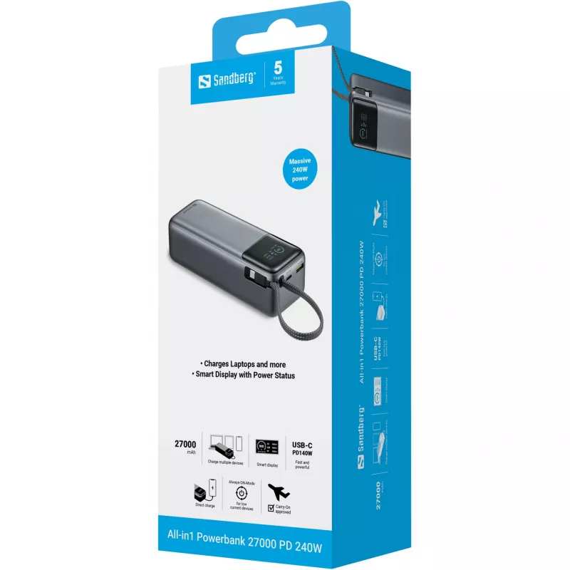 Išorinė baterija SANDBERG All-in1 Powerbank 27000 PD 240W — 27000 mAh LiPo, 240W išvestis, 1× USB-A, 1× USB-C, 3,6 V — Juoda/Pilka