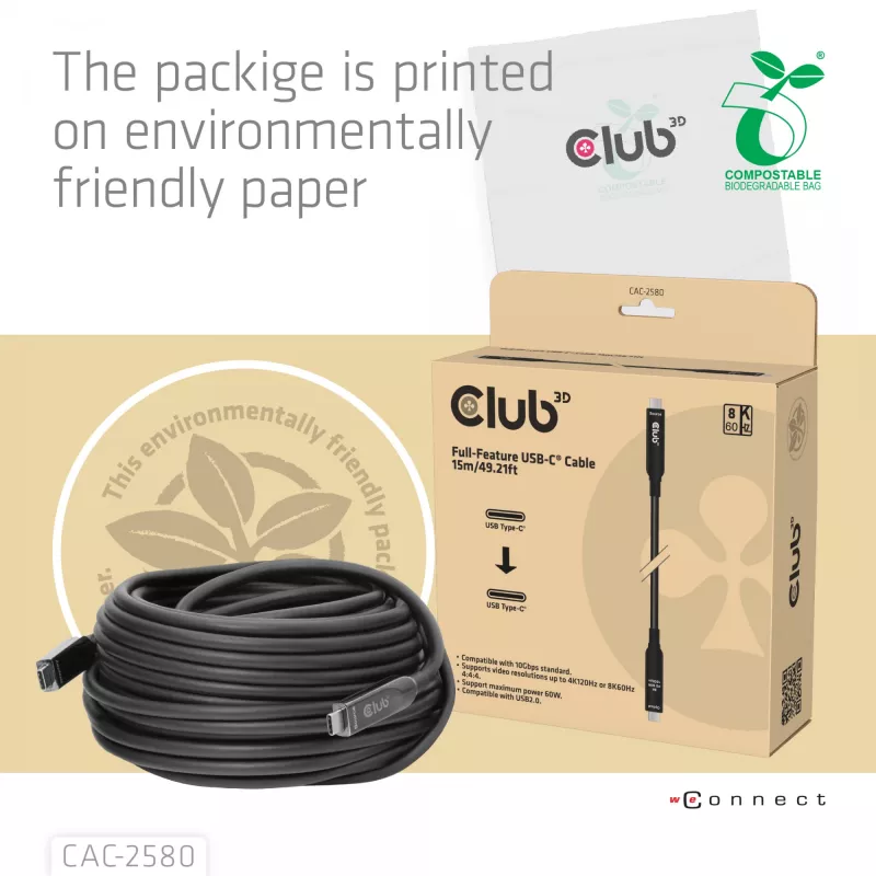 CLUB3D 15M Full-Feature USB-C® Kabelis / 49.21ft 8K60Hz 10Gbps 60W