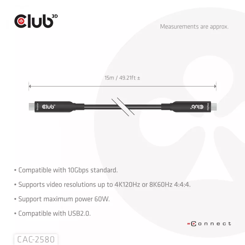 CLUB3D 15M Full-Feature USB-C® Kabelis / 49.21ft 8K60Hz 10Gbps 60W