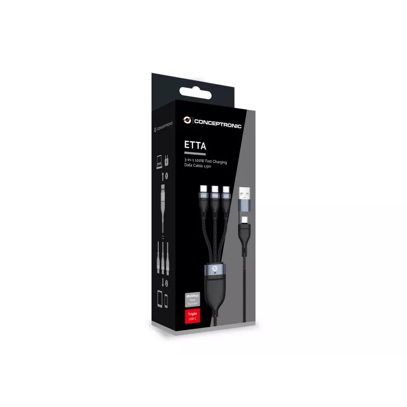 Conceptronic ETTA06B15C 3-in-1 100W greito įkrovimo duomenų laidas 1,5 m, triguba USB-C, USB 2.0, E-Mark