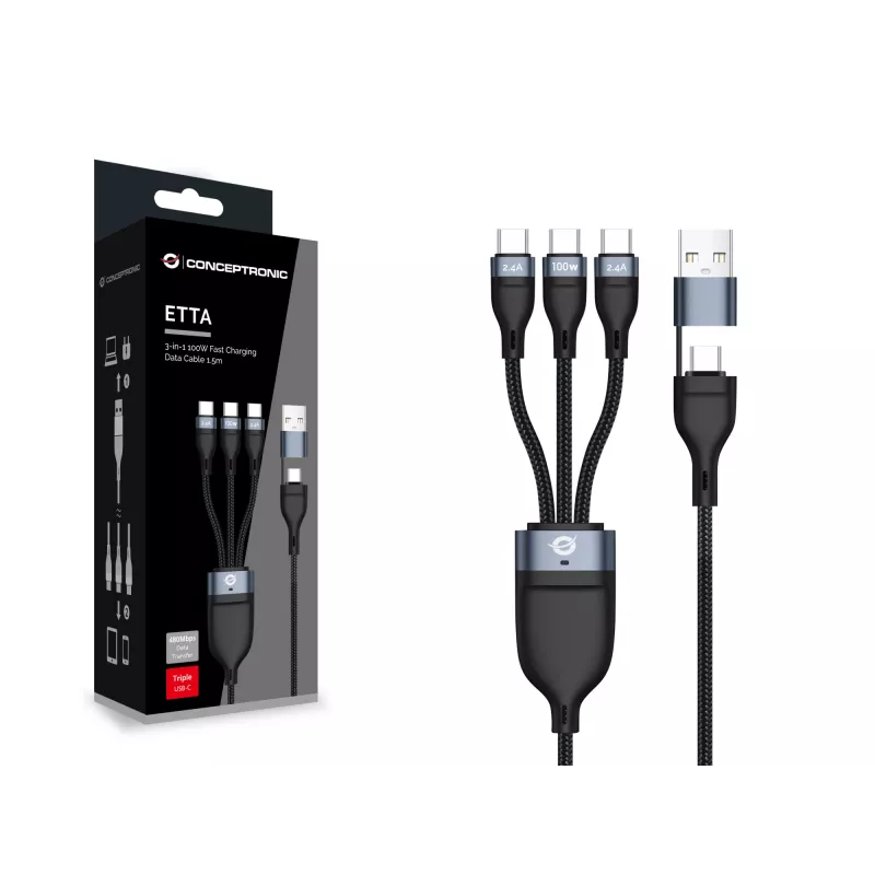 Conceptronic ETTA06B15C 3-in-1 100W greito įkrovimo duomenų laidas 1,5 m, triguba USB-C, USB 2.0, E-Mark