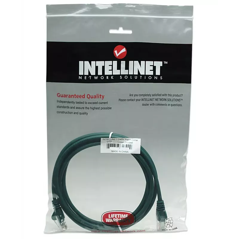 Intellinet tinklo komutacinis kabelis, Cat5e, 5 m, žalias, CCA, U/UTP, PVC, RJ45, paauksuoti kontaktai, nesikabinantis, su apsauginiais gaubteliais, garantija visam eksploatavimo laikui