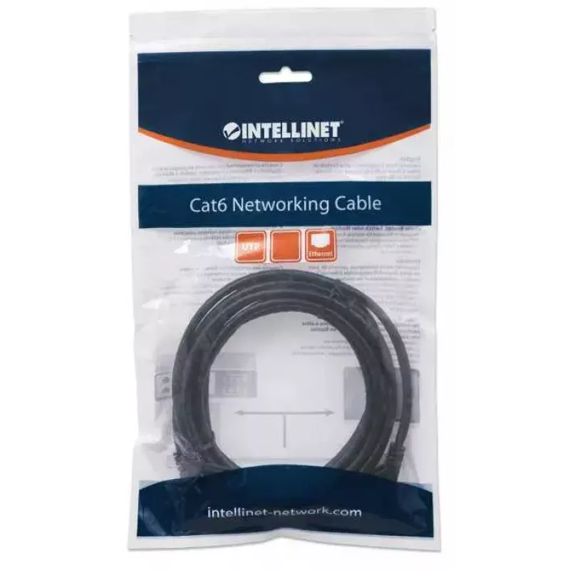 Intellinet tinklo komutacinis kabelis, Cat6, 5 m, juodas, CCA, U/UTP, PVC, RJ45, paauksuoti kontaktai, neužkabinamas, su apsauginiu gaubteliu, garantija visam gyvenimui