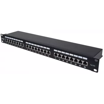 “Intellinet” pataisų skydas, Cat6a, FTP, 24 prievadai, 1U, ekranuotas, 90° viršuje įvedami sujungimo blokai, juodas