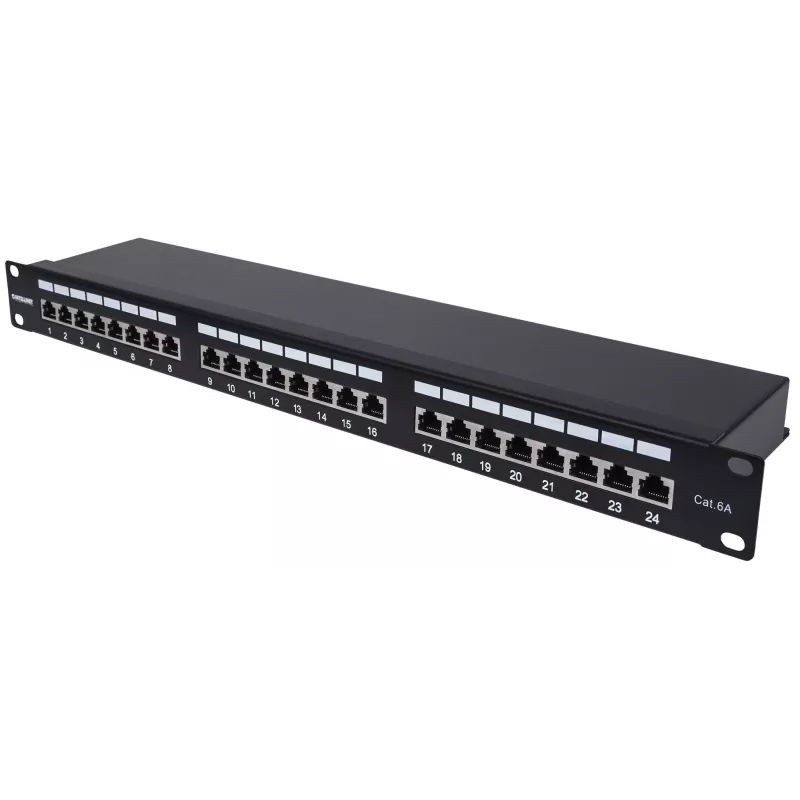“Intellinet” pataisų skydas, Cat6a, FTP, 24 prievadai, 1U, ekranuotas, 90° viršuje įvedami sujungimo blokai, juodas