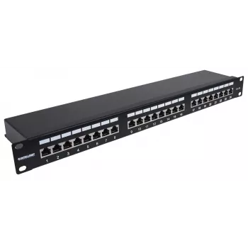 “Intellinet” pataisų skydas, Cat6a, FTP, 24 prievadai, 1U, ekranuotas, 90° viršuje įvedami sujungimo blokai, juodas