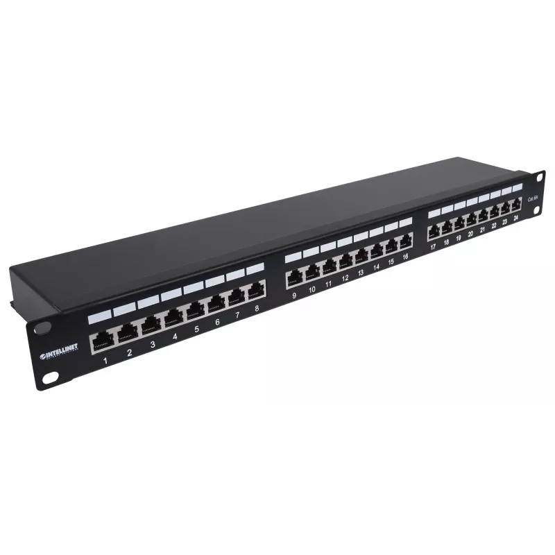 “Intellinet” pataisų skydas, Cat6a, FTP, 24 prievadai, 1U, ekranuotas, 90° viršuje įvedami sujungimo blokai, juodas