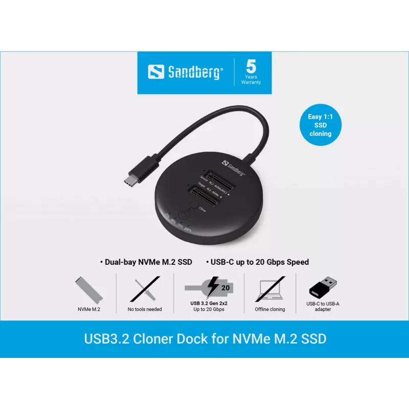 Sandberg USB3.2 Cloner Dock for NVMe M.2 SSD, Juoda, 20 Gbit/s