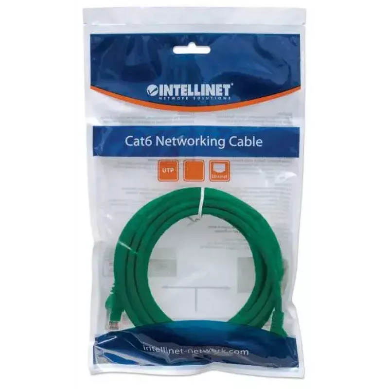 Intellinet tinklo komutacinis kabelis, 6 kat., 0,5 m, žalias, CCA, U/UTP, PVC, RJ45, paauksuoti kontaktai, neužsikabinanti apsauga, įvorė, garantija visam naudojimo laikui