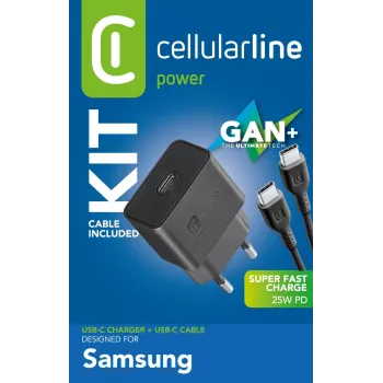 Cellularline Super Fast Charger Kit 25W - USB-C į USB-C - Samsung 25W super greito įkrovimo PD tinklo įkroviklis su USB-C į USB-C kabeliu
