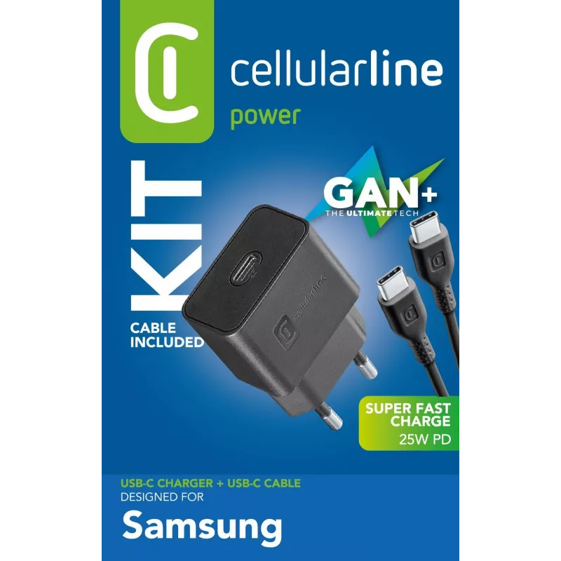 Cellularline Super Fast Charger Kit 25W - USB-C į USB-C - Samsung 25W super greito įkrovimo PD tinklo įkroviklis su USB-C į USB-C kabeliu