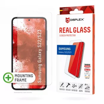 Displex ekrano apsauginis stiklas (10H), skirtas Samsung Galaxy S22/S23, su EASY-ON® Eco montavimo rėmeliu, atsparus įbrėžimams