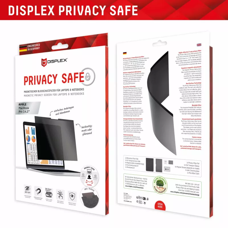 Displex PRIVACY SAFE magnetinis dvipusis privatumo filtras, skirtas MacBook Pro 14,2 colio, atsparus dulkėms ir įbrėžimams