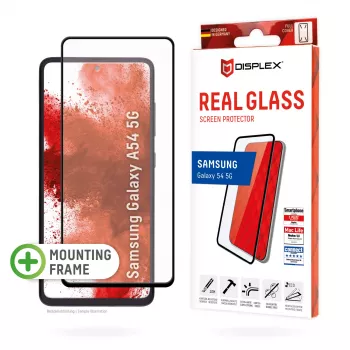 Displex pilno dangos ekrano apsauginis stiklas (10H), skirtas „Samsung Galaxy A54 5G“, su EASY-ON® Eco montavimo rėmeliu