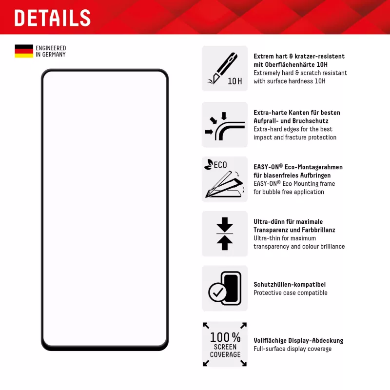 Displex pilno dangos ekrano apsauginis stiklas (10H), skirtas „Samsung Galaxy A54 5G“, su EASY-ON® Eco montavimo rėmeliu