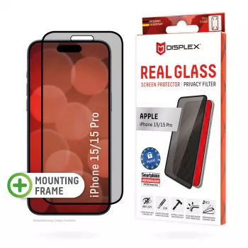 Displex privatumo ekrano apsauga (10H), skirta Apple iPhone 15/15 Pro, Eco montavimo rėmelis, privatumo filtras