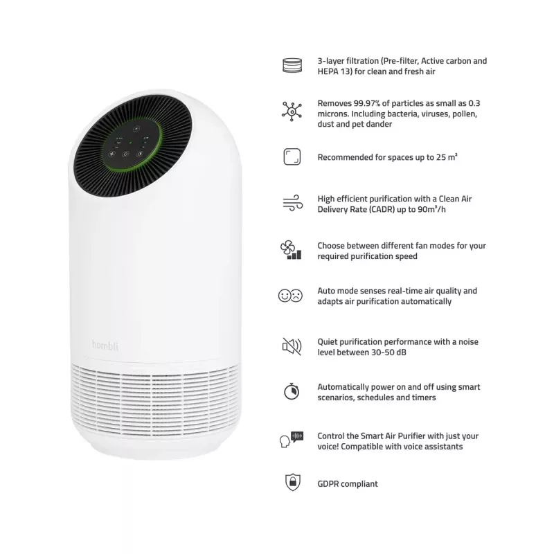 Oro valytuvas Hombli Smart Air Purifier, Avanca International BV, triukšmo lygis 30 dB, baltos ir juodos spalvos