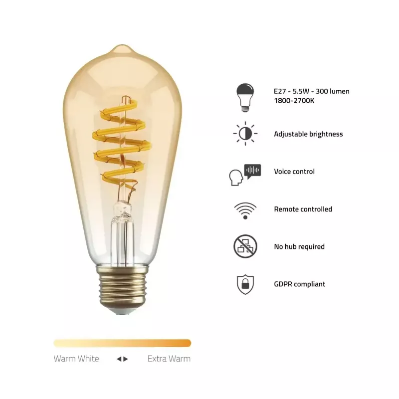 Išmanioji lemputė Hombli HBEB-0212 Wi‑Fi 5,5 W, auksinė, A‑G energijos klasė, Ø61×142 mm