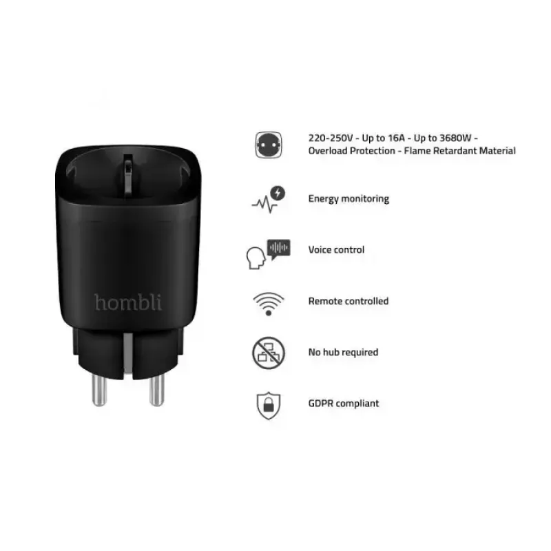 Išmanusis kištukinis lizdas Avanca International BV Hombli Smart Socket EU Juoda — Wi‑Fi, 220–250V, 3,68kW, patalpose, plastikinis