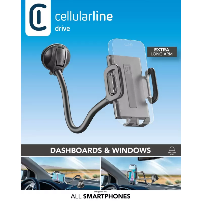 Sourcing Cellularline Hug Flexi XL universalus pasyvus laikiklis su siurbimo taurele mobiliesiems telefonams, juoda/pilka