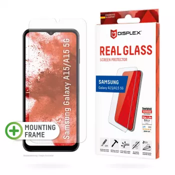 Displex ekrano apsauga (10H), skirta Samsung A15/A15 5G, su EASY-ON® Eco montavimo rėmeliu, atspari įbrėžimams