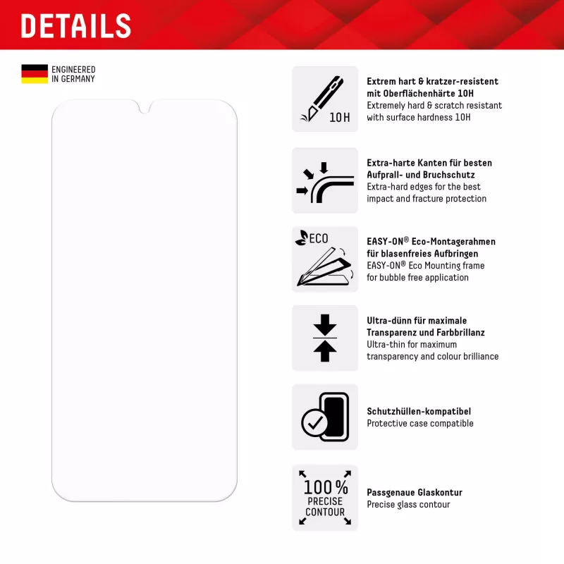 Displex ekrano apsauga (10H), skirta Samsung A15/A15 5G, su EASY-ON® Eco montavimo rėmeliu, atspari įbrėžimams