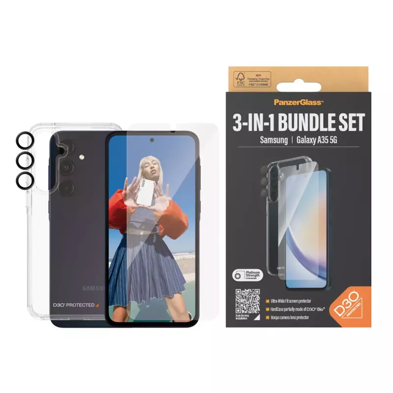 PanzerGlass ® 3-in-1 apsaugos rinkinys Samsung Galaxy A35 5G | Ultra-Wide Fit su EasyAligner