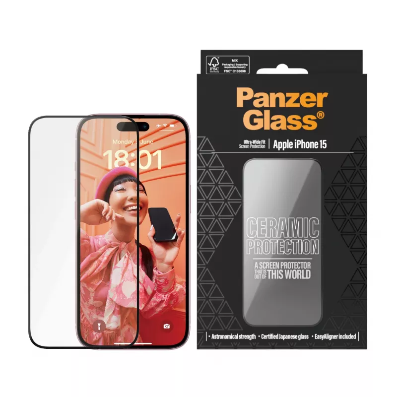 PanzerGlass Ceramic Protection, skirta iPhone 15, itin plataus pritaikymo, atspari įbrėžimams ir smūgiams