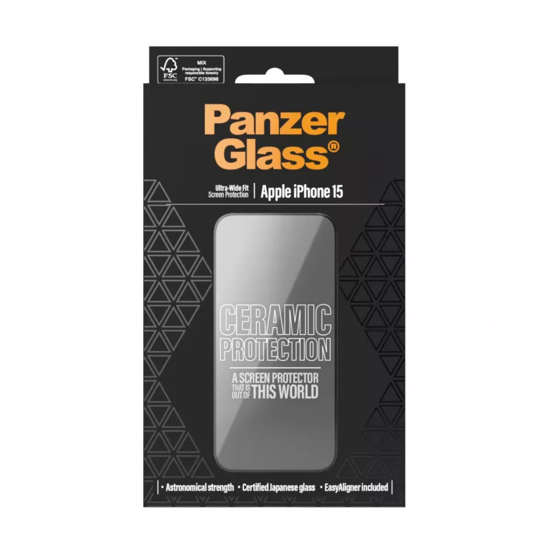 PanzerGlass Ceramic Protection, skirta iPhone 15, itin plataus pritaikymo, atspari įbrėžimams ir smūgiams