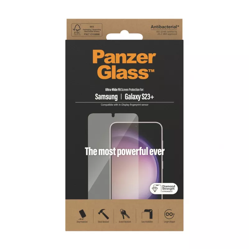 Ekrano apsauga PanzerGlass Samsung Galaxy S23 Plus itin plataus prigludimo atspari įbrėžimams ir smūgiams