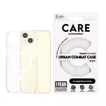 PanzerGlass CARE™ by ® Urban Combat dėklas permatomas su baltu MagSafe, skirtas iPhone 15 Plus