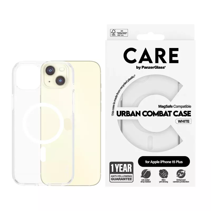 PanzerGlass CARE™ by ® Urban Combat dėklas permatomas su baltu MagSafe, skirtas iPhone 15 Plus
