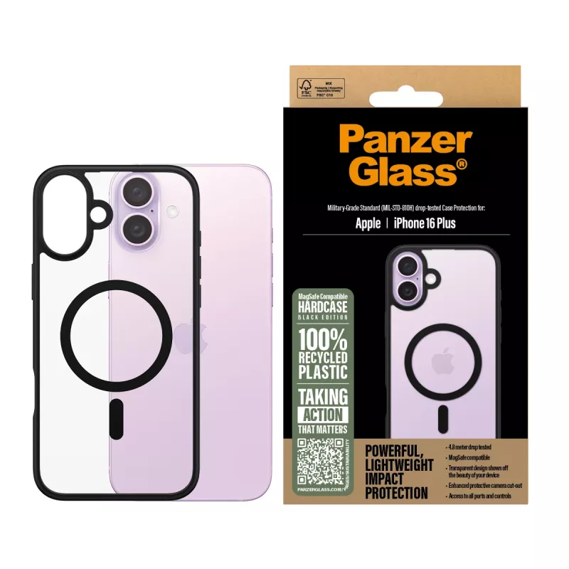 PanzerGlass ® HardCase skaidrus su juodu MagSafe ir rėmeliu, skirtas iPhone 16 Plus