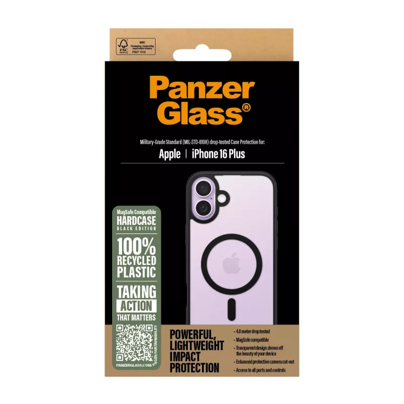 PanzerGlass ® HardCase skaidrus su juodu MagSafe ir rėmeliu, skirtas iPhone 16 Plus