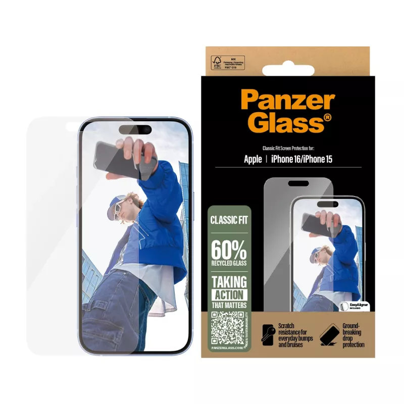 PanzerGlass ® ekrano apsauga iPhone 16 | 15 | Classic Fit, Apple, Apple - iPhone 16, Sausas uždėjimas, Atsparus įbrėžimams, Atsparus smūgiams, Skaidrus, 1 vnt.