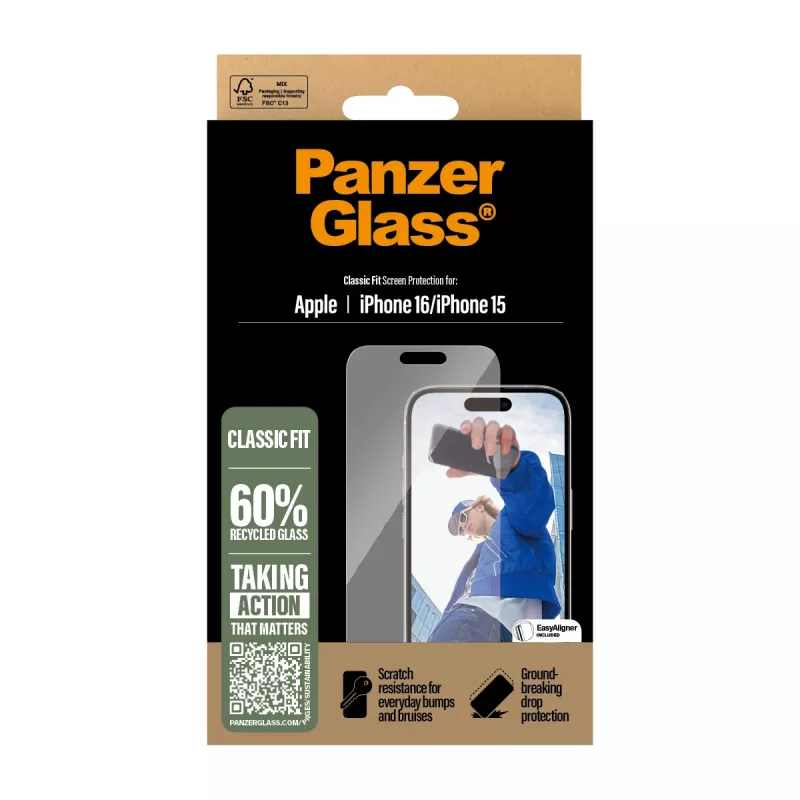 PanzerGlass ® ekrano apsauga iPhone 16 | 15 | Classic Fit, Apple, Apple - iPhone 16, Sausas uždėjimas, Atsparus įbrėžimams, Atsparus smūgiams, Skaidrus, 1 vnt.