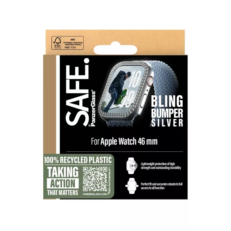 PanzerGlass SAFE. by ® Bling Bumper sidabrinis Apple Watch Series 10 46mm permatomas